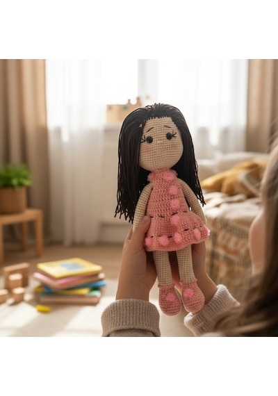 Tığ İşi Sevimli Kız Bebek Amigurumi Örgü Oyuncak Krem - Pembe