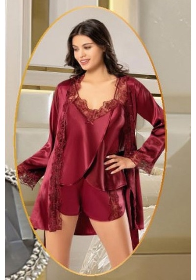 Xses 2165 Kadın Saten Empirme Sabahlıklı 4'lü Pijama Takım-bordo Bordo