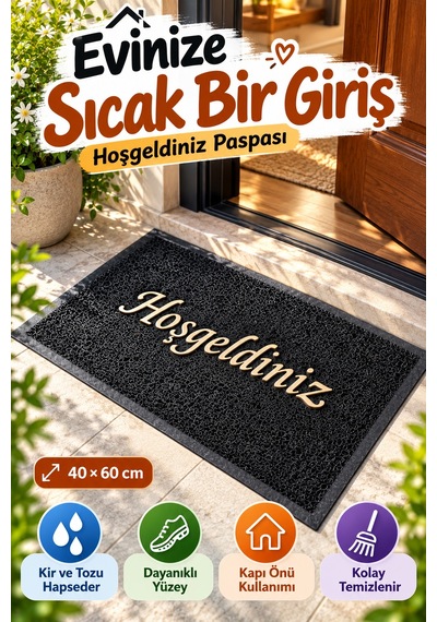 Siyah 40x60 Cm Hoşgeldiniz Yazılı Kapı Önü Paspası Kıvırcık Dokulu Altın Yazılı Dekoratif Ev Paspası