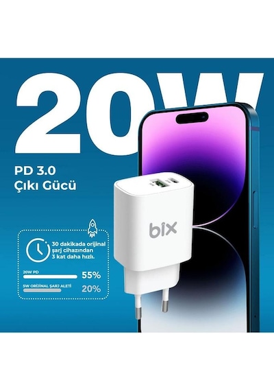 Bix Çift Portlu Typ-c 20wpd + Usb-a 18w Qc Girişli Hızlı Şarj Adaptörü 1 Adet