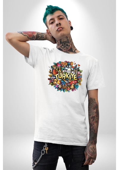 Turkiye Özel Karakterleri Unisex Unisex Beyaz Organik Baskılı T-shirt Penye Yüksek Kalite Beyaz