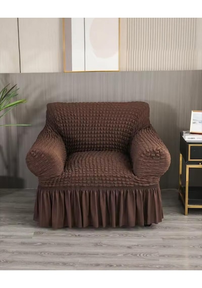 StarMall Bürümcük Etekli Koltuk Örtüsü, Berjer Kılıfı Lastikli Esnek Tek Kişilik 1 Adet Koyu Kahve