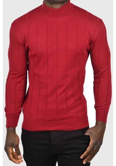Deepsea Erkek Bordo Slim Fit Likralı Tüylenme Yapmayan Yarım Balıkçı Çizgili Triko Yarım Boğazlı Kazak 2505503 Bordo