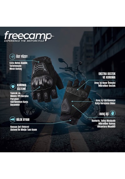 Freecamp Power Yarım Parmak Motosiklet Eldiveni-siyah-gri