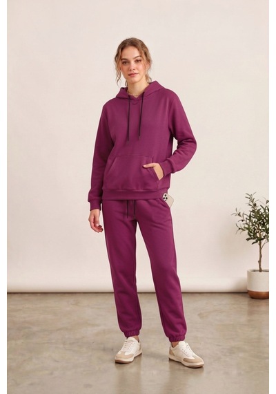 Moibody Kadın 3 İplik Şardonlu Eşofman Takımı Premium Kapüşonlu Sweatshirt Ve Jogger Alt Mürdüm Mürdüm