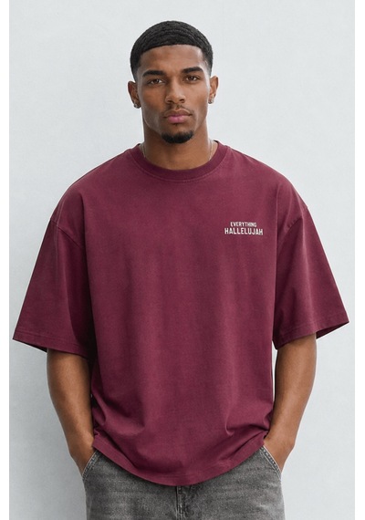 Respire Erkek Hallelujah Baskılı Oversize T-shirt Bordo
