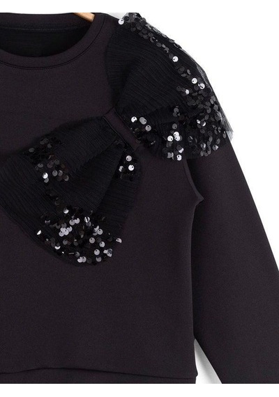 Kız Çocuk Dalgıç Kumaş Pullu Sweatshirt-16128 Siyah