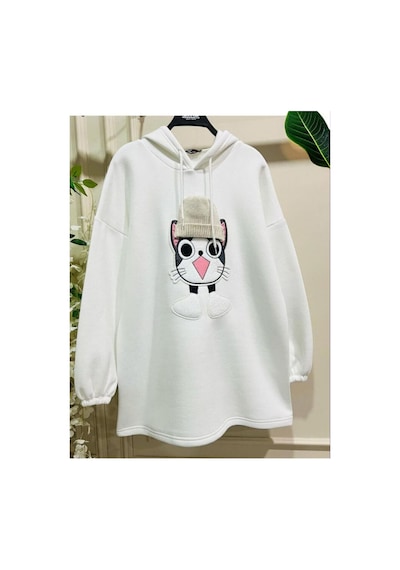 Çınar Boutique Kedicik Desenli Kapişonlu Sweetshirt-beyaz - M Beyaz Beyaz