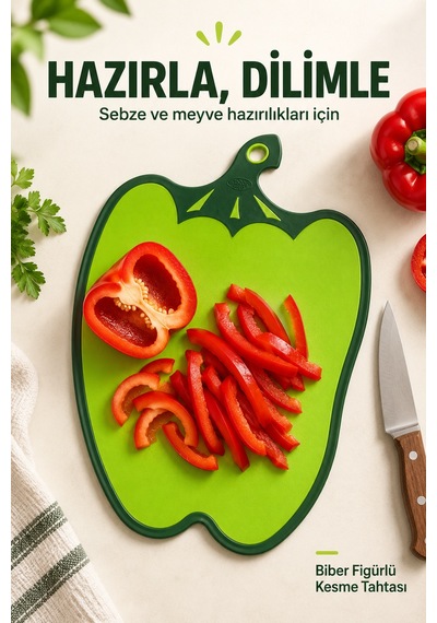 Biber Figürlü Kaydırmaz Kesme Tahtası 26x34,5 Cm Asılabilir Plastik Sebze Meyve Doğrama Panosu Yeşil