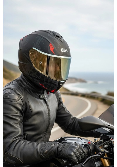 Gıvı 50.x Bones Kırmızı  1 Renkli 1 Şeffaf Vizörlü Motosiklet Kask Gold Vizör + Şeffaf
