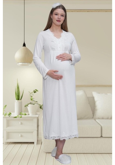 Mecit Pijama Mecit 1519 Bayan Hamile Lohusa Ekru Sabahlık Gecelik Pijama Seti