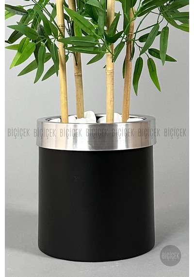 Yapay Bambu Ağacı 140cm Siyah Gümüş Metal Saksıda Siyah-silver