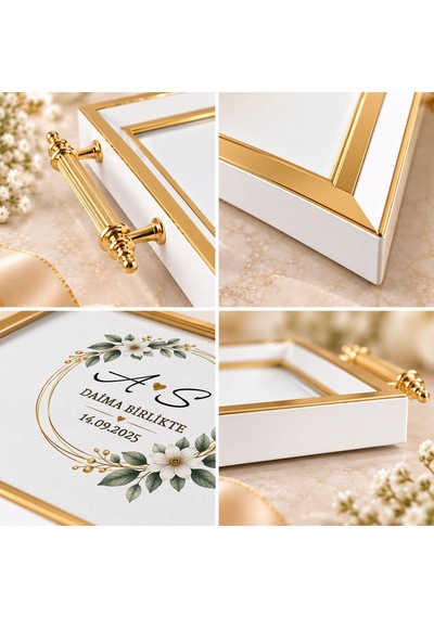 Bk Gift Kişiye Özel Beyaz&gold Söz Nişan Tepsisi-7 - 39x23 Cm Çok Renkli