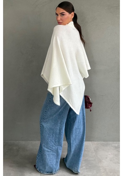 Madmext Ekru Boğazlı Asimetrik Kesim Kadın Panço Mg2901