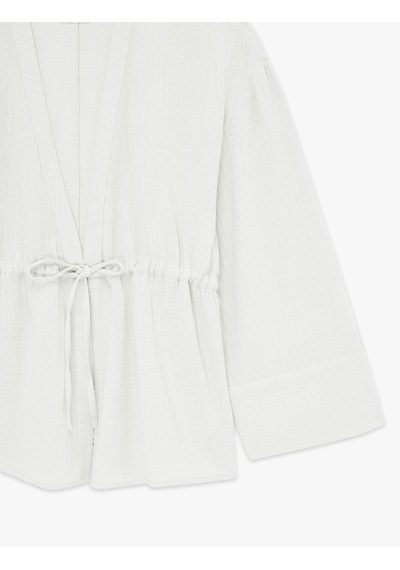 Koton Pamuklu Uzun Kollu Beli Bağlamalı Müslin Kimono Ekru 6sak50035uw
