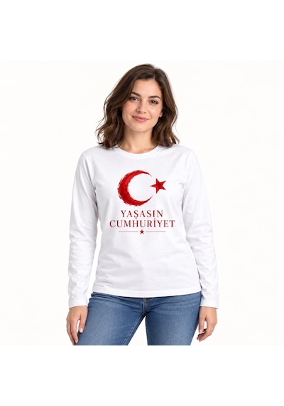 Almeracraft 29 Ekim Cumhuriyet Bayramı Ay Yıldız Baskılı Beyaz Uzun Kollu Tişört Yaşasın Cumhuriyet