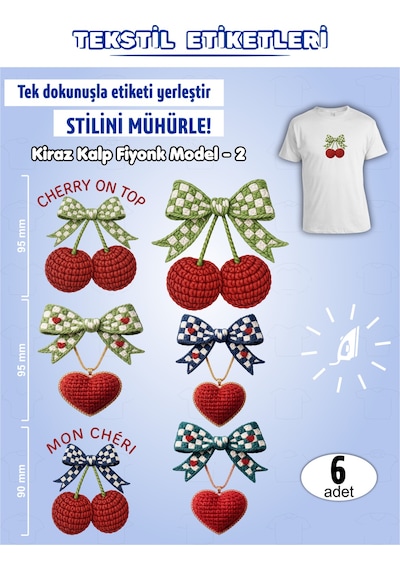 Ütü İle Yapışan Kıyafet Etiketi Kiraz Kalp Fiyonk Temalı Model -2 6lı Set Karışık