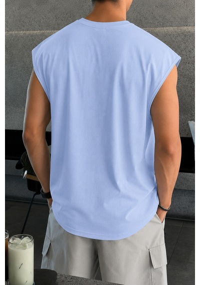 Tarz Cool Erkek Oversize Kolsuz Tişört %100 Pamuk Süprem Basic Bisiklet Yaka Mavi