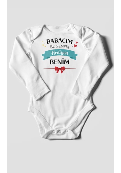Morivokids Babacım Bu Seneki Hediyen Benim Uzun Kollu Bebek Body %100 Pamuk Beyaz