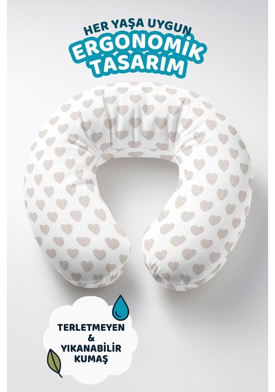 Kalp Desenli Pamuklu Boyun Yastığı - Pastel Bej Beyaz Yumuşak Seyahat Yastığı Buzlu Gün Doğumu Şampanya