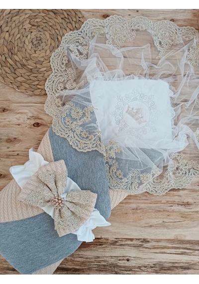 Yenidoğan Teri Cotton Taç Nakışlı Prizma Taş Kundak Bebek Battaniyesi Bej Çok Renkli