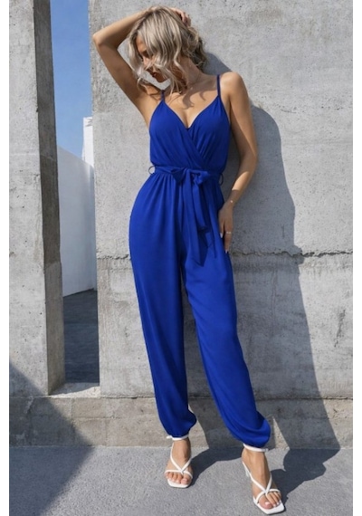 Efnaz Style Kadın Ip Askılı Kruvaze Yakalı Belden Kuşaklı Uzun Sandy Tulum Saks Mavi
