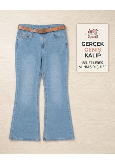 Zanessi Büyük Beden Yüksek Bel Kemerli Bol Paça Denim Kadın Panton Mavi