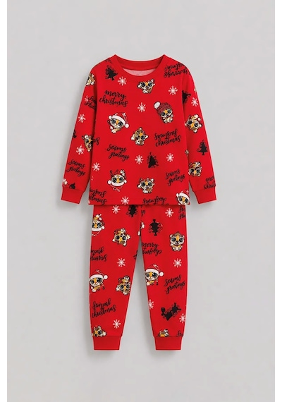 Zuzunga Kız Çocuk Yılbaşı Temalı Tiger Desenli Uzun Kollu Pijama Takımı Kırmızı