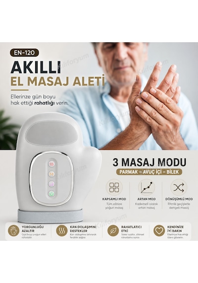 En-120 Akıllı El Masaj Aleti Isıtmalı Hava Basınçlı 3 Modlu, 5 Kademeli, 2000mah Şarjlı El Ve Bilek Masaj Cihazı Gri