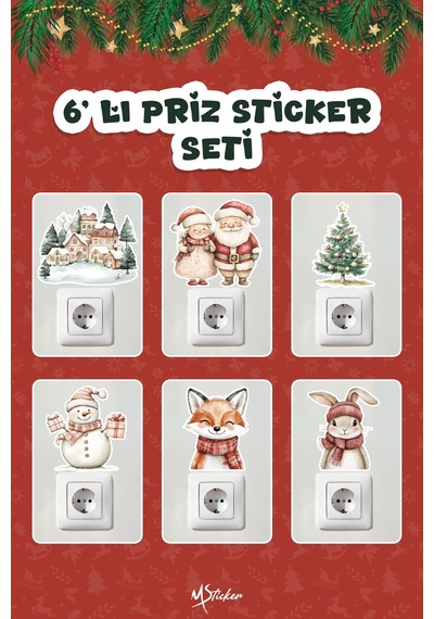6 Lı Yeni Yıl Temalı Mini Sticker Priz Sticker Yılbaşı Yeni Yıl Mini Boy Sticker Seti 6 Lı Soft Dijital Baskı