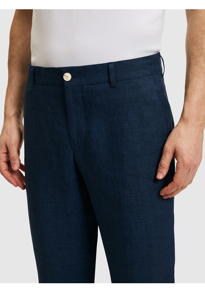 Cacharel Lacivert Slim Fit Beli Lastikli %100 Keten Pantolon