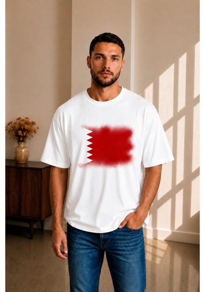 Sngl Tekstil Erkek Oversize Bahreyn Bayrak Baskılı Kısa Kollu Tişört S M L Xl 2xl Beyaz