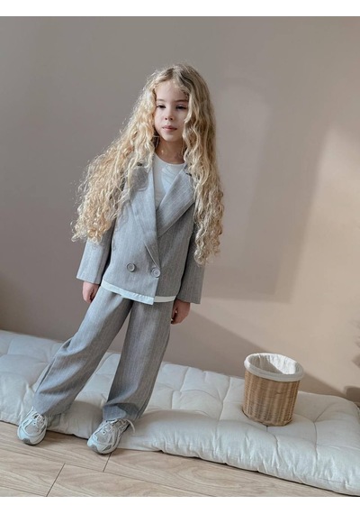 Miniko Kids Kız Çocuk Poliviskon Çizgili Blazer Ceket Pantolon Dokuma Kumaş Takım Gri