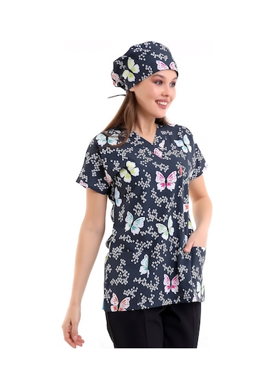 Yarasa Kol Dijital Desenli Üst - 6509 Füme Kelebekler-6966
