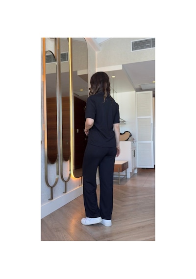 Butik İstanbul Kadın Kısa Kollu Yakalı Viskon Iki Iplik Bluz Ve Pantolon Ikili Takım Siyah