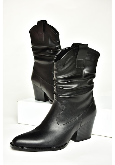 Fox Shoes T296713009 Siyah Kalın Topuklu Kadın Bot Siyah-Suni Deri Siyah