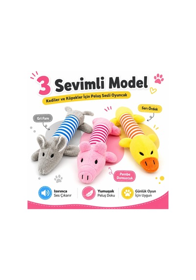 Sogud Peluş Fare Kedi Köpek Oyuncağı - 25 X 10 X 4 Cm - Gri Mavi