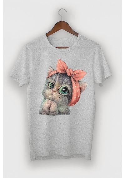 Sevimli Kedi Baskılı Oversize T-shirt Gri