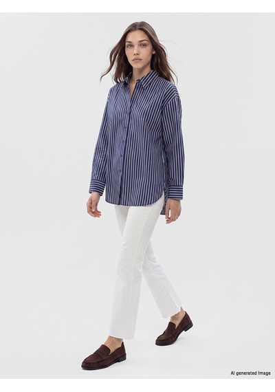 Lcw Modest Lacivert Çizgili Oversize Kadın Gömlek Tunik