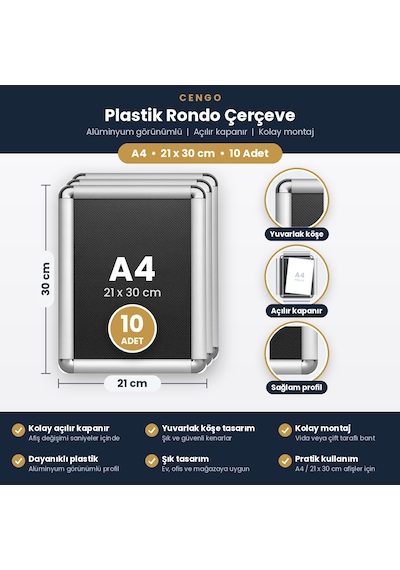 10 Adet A4 Plastik 21x30 Rondo Çerçeve 21 x 30 CM