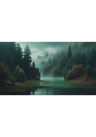 Doğa Ve Manzara Yatay Yoğun Ağaçlar Ve Gizli Göl, Sisli Vadi, Gizemli Ruh Hali Soluk Renkler 03 Çerçevesiz 90x60cm Pvc Tablo
