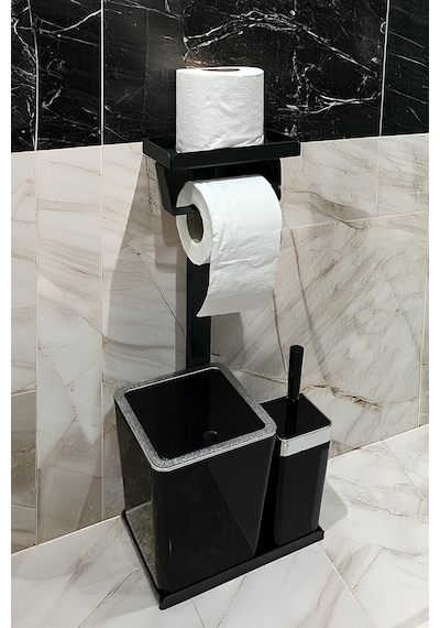 3'ü 1 Arada Banyo Seti Tuvalet Kağıtlık, Çöp Kovası Ve Tuvalet Fırça Takımı Krom - Siyah