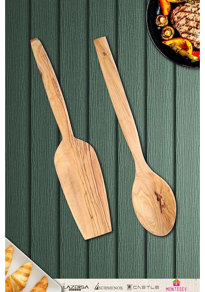 Zeytin Ağacı Ahşap Tahta Kaşık Spatula Seti 2 Parça Zeytin Ağacı Ağaç Kaşık Ynzyt-401 Kahverengi