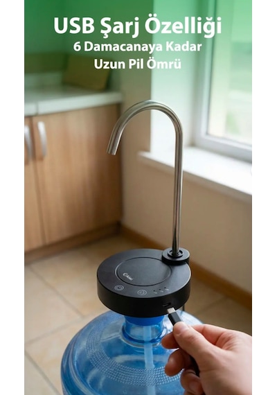 Kiwi Kwp-8521 Şarjlı Su Pompası Usb Şarjlı & Damacana Uyumlu & Paslanmaz Çelik Boru Siyah