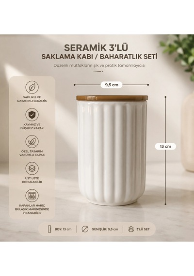 3'lü Seramik Saklama Kabı / Baharatlık Seti Çok Renkli