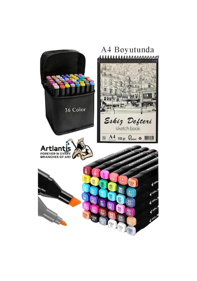 Eskiz Defteri A4 50 Yaprak 100 Gr 1 Adet 36 Renk Çift Taraflı Marker Kalem 36 Adet Touch Çift Uçlu