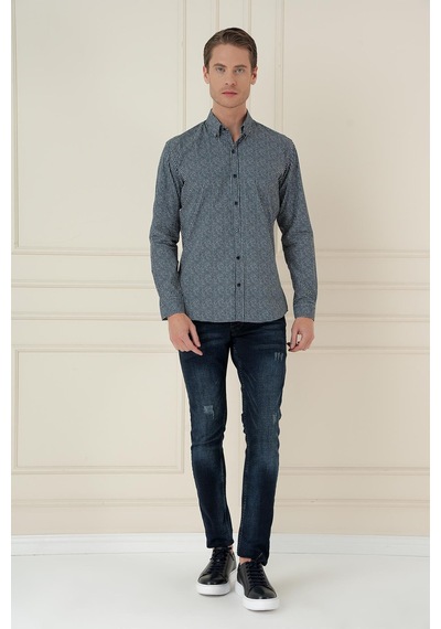 Efor Slim Fit Baskılı %100 Pamuk Spor Lacivert Gömlek G 1587 Lacivert