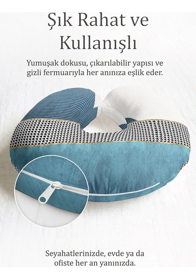Modern Geometrik Pamuklu Boyun Yastığı - Şık Çizgili Mavi Gri Seyahat Yastığı Koyu Grili Sütlü Kahve