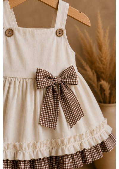 Mnk Baby & Kids Kız Bebek %100 Pamuklu Fiyonk Detaylı Elbise M00849 Bej