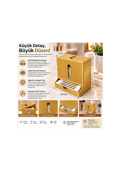 Modern Tasarım Kulak Çubuğu Dispenseri Kapaklı Banyo Makyaj Pamuk Düzenleyici Organizer - Gold